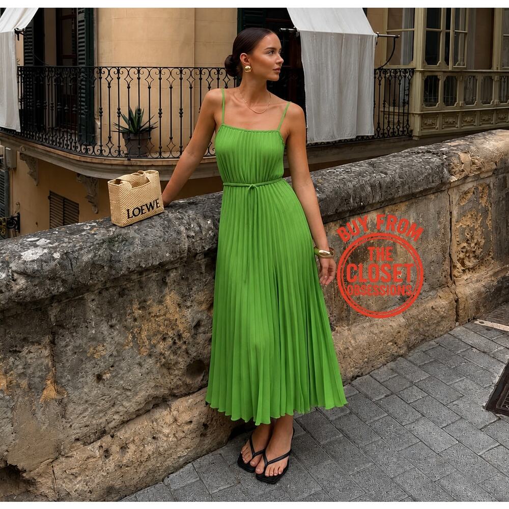 Mango NWT Lime Green Pleated Midi Dress Bow Belt 6 8 - Picture 13 of 16